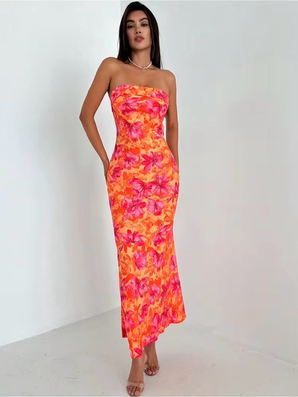 Strapless Orange Maxi Dress with Pink Floral Print